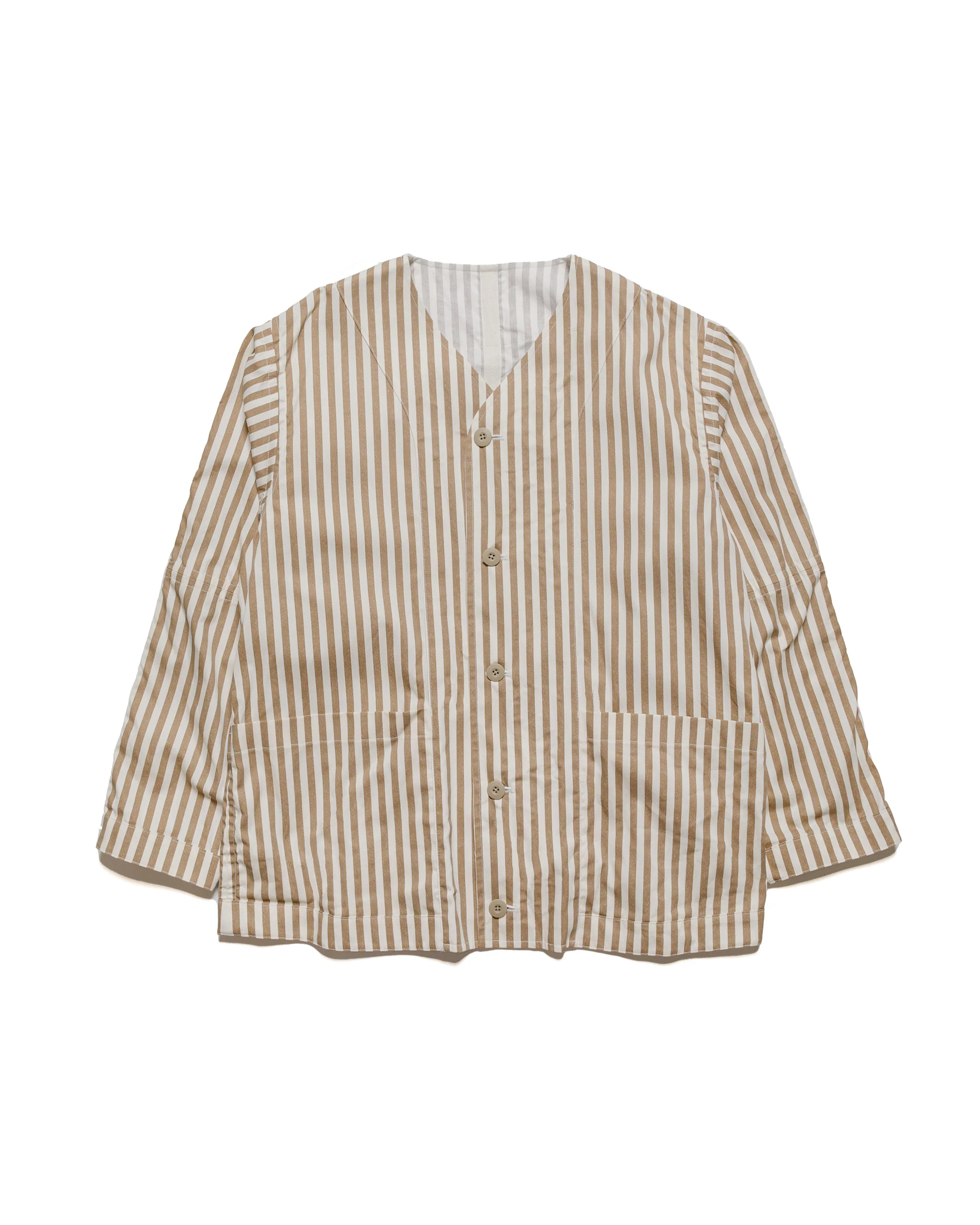 ts(s) Reversible Seam Taping Collarless Jacket Block Stripe Print Cotton Twill Cloth Brown