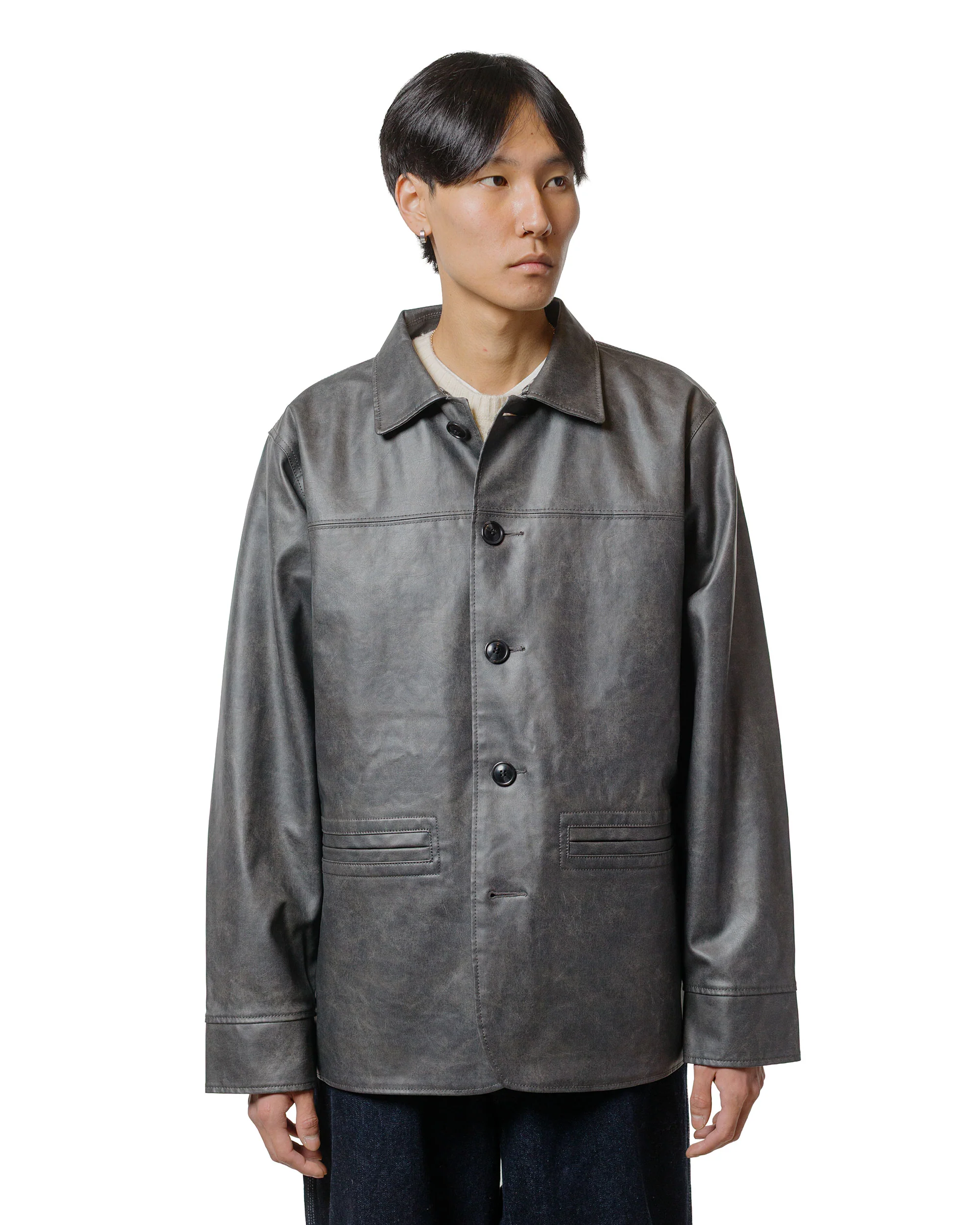 Beams Plus Car Coat Aged Fake Leather Black