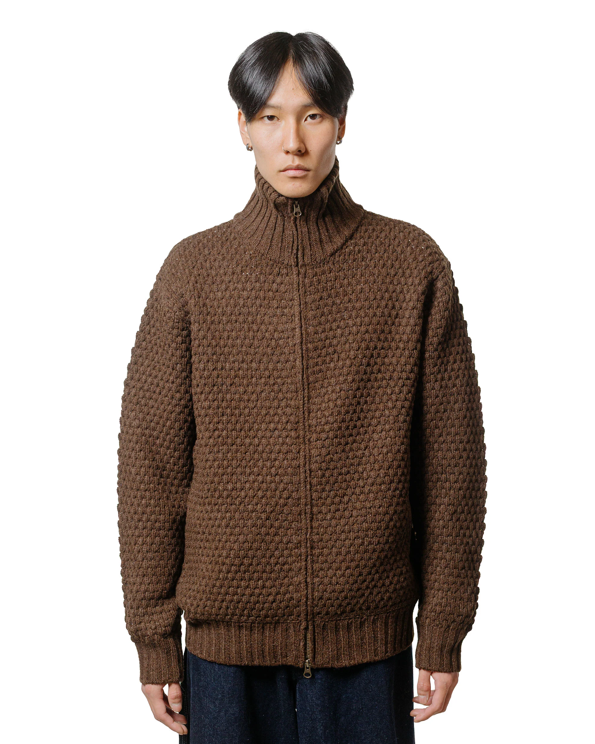 Beams Plus Full Zip Popcorn Pattern Brown