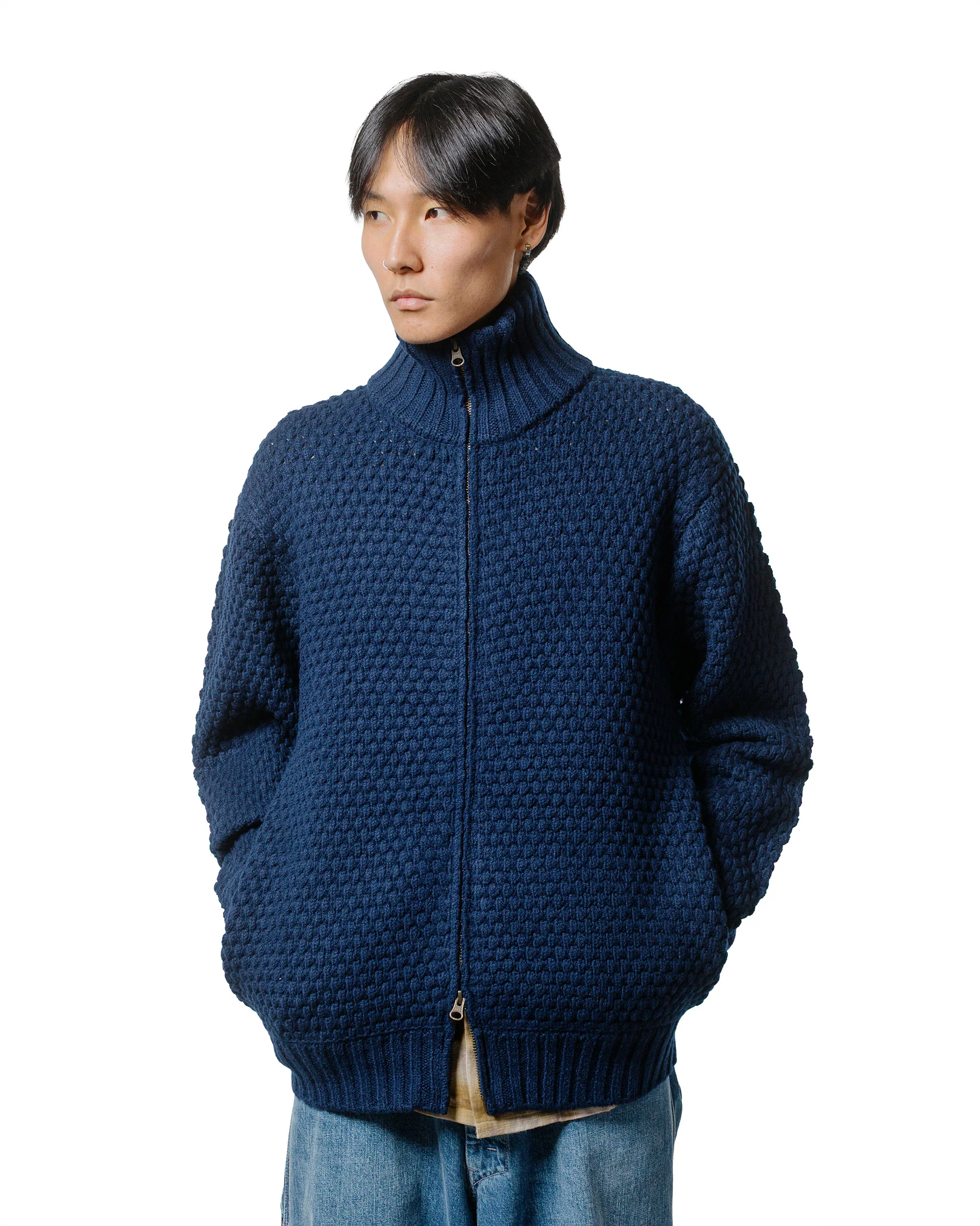 Beams Plus Full Zip Popcorn Pattern Navy