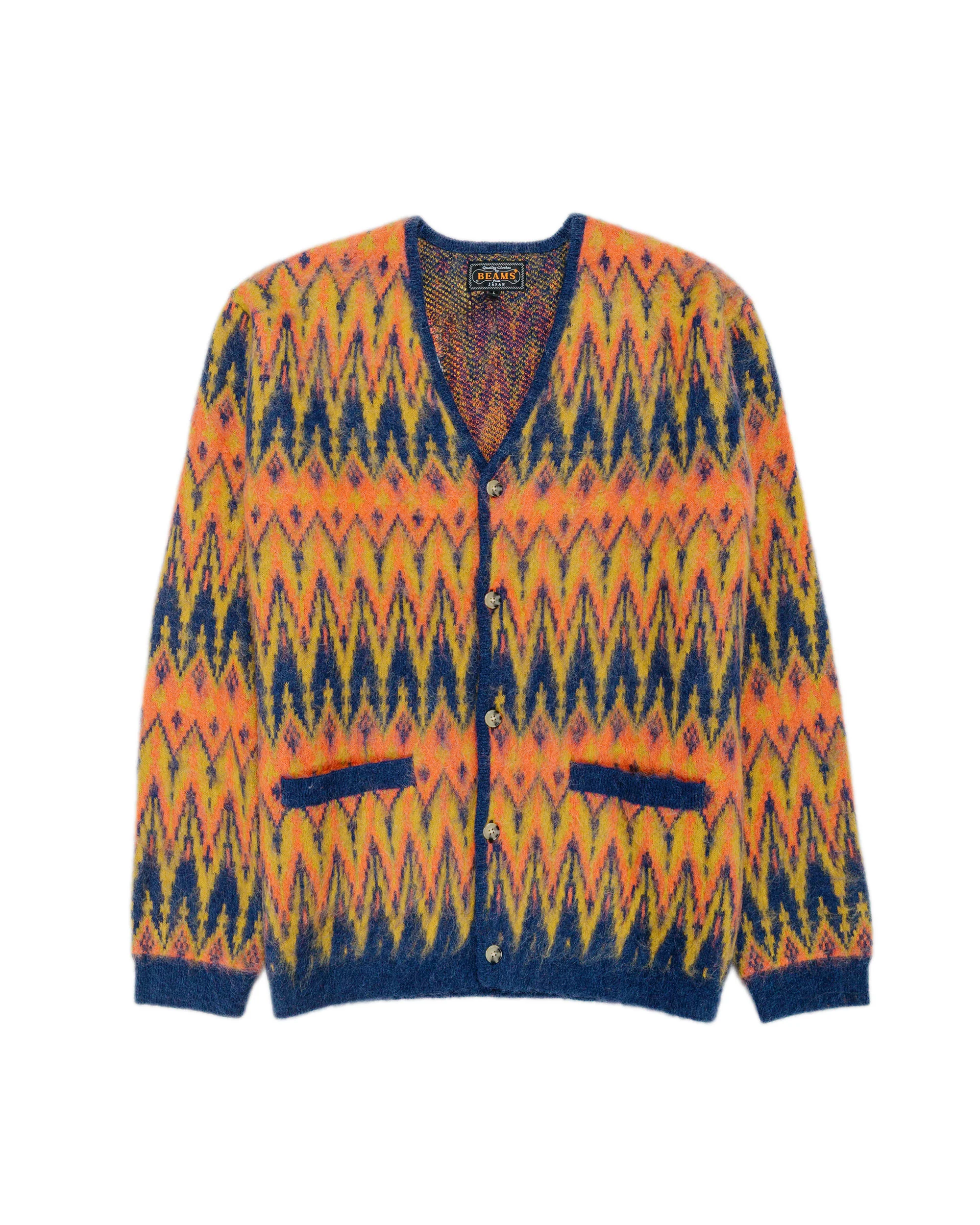 Beams Plus Cardigan Jacquard Chevron Pattern Navy