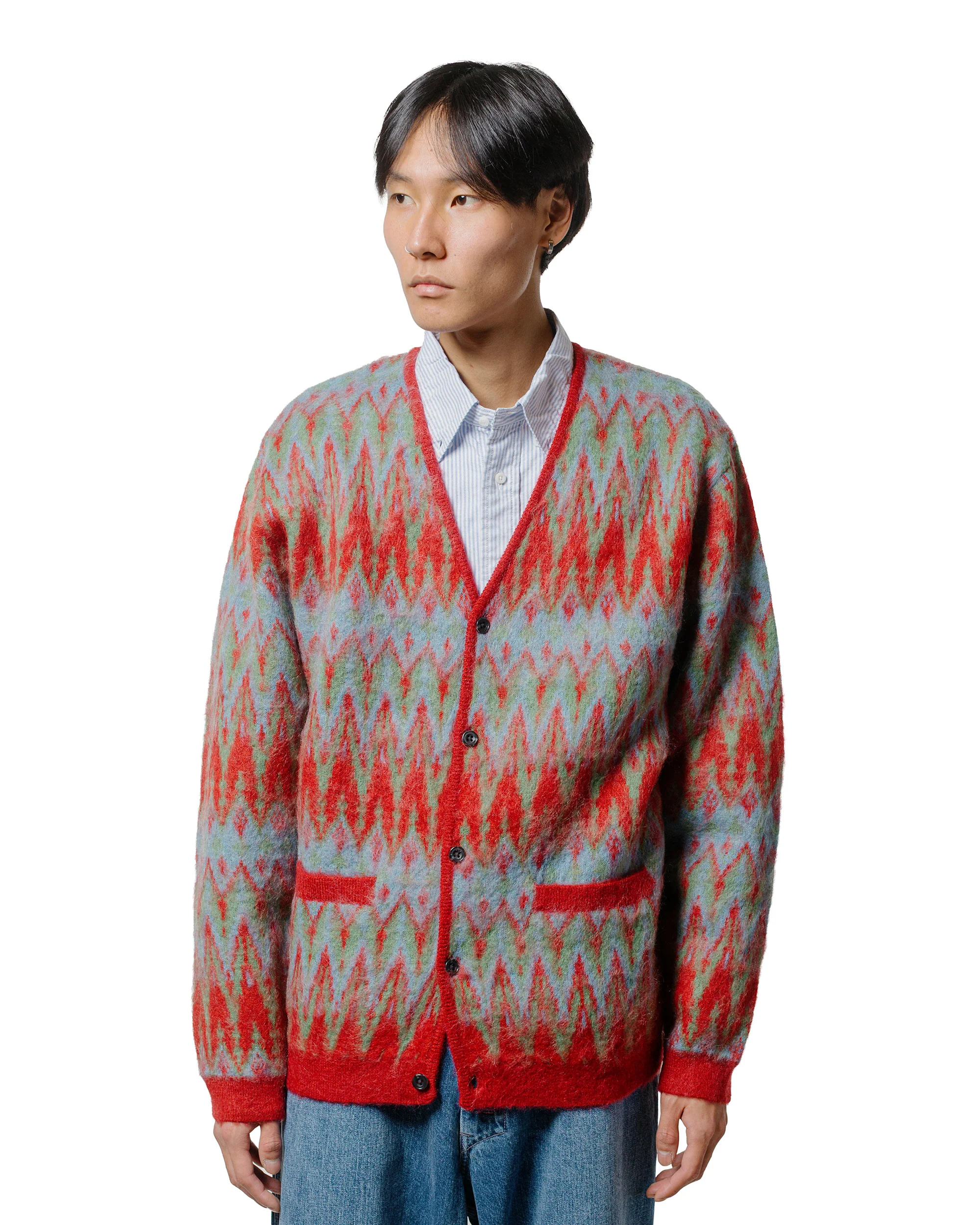 Beams Plus Cardigan Jacquard Chevron Pattern Red