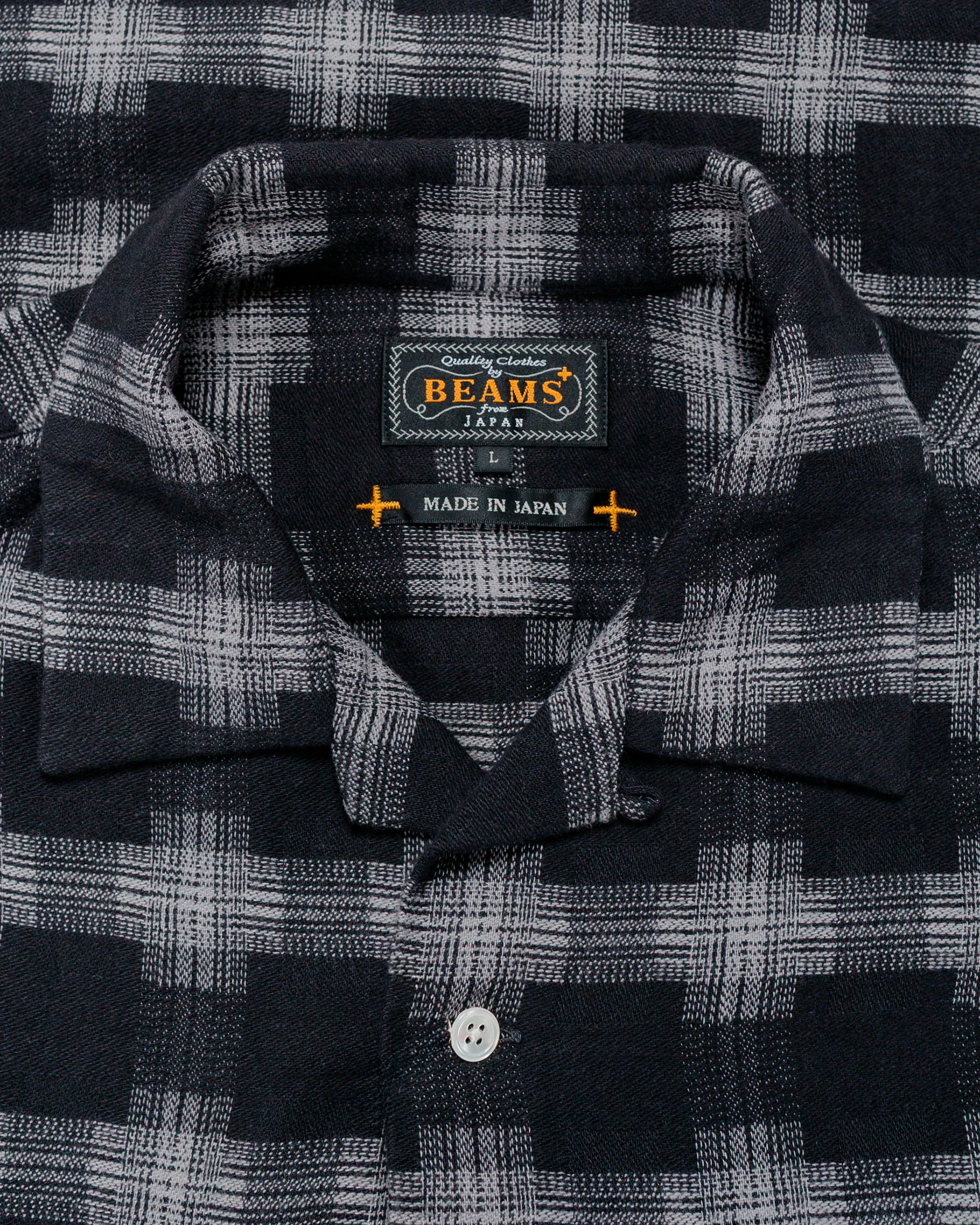 Beams Plus Open Collar Brushed Satin Plaid Black