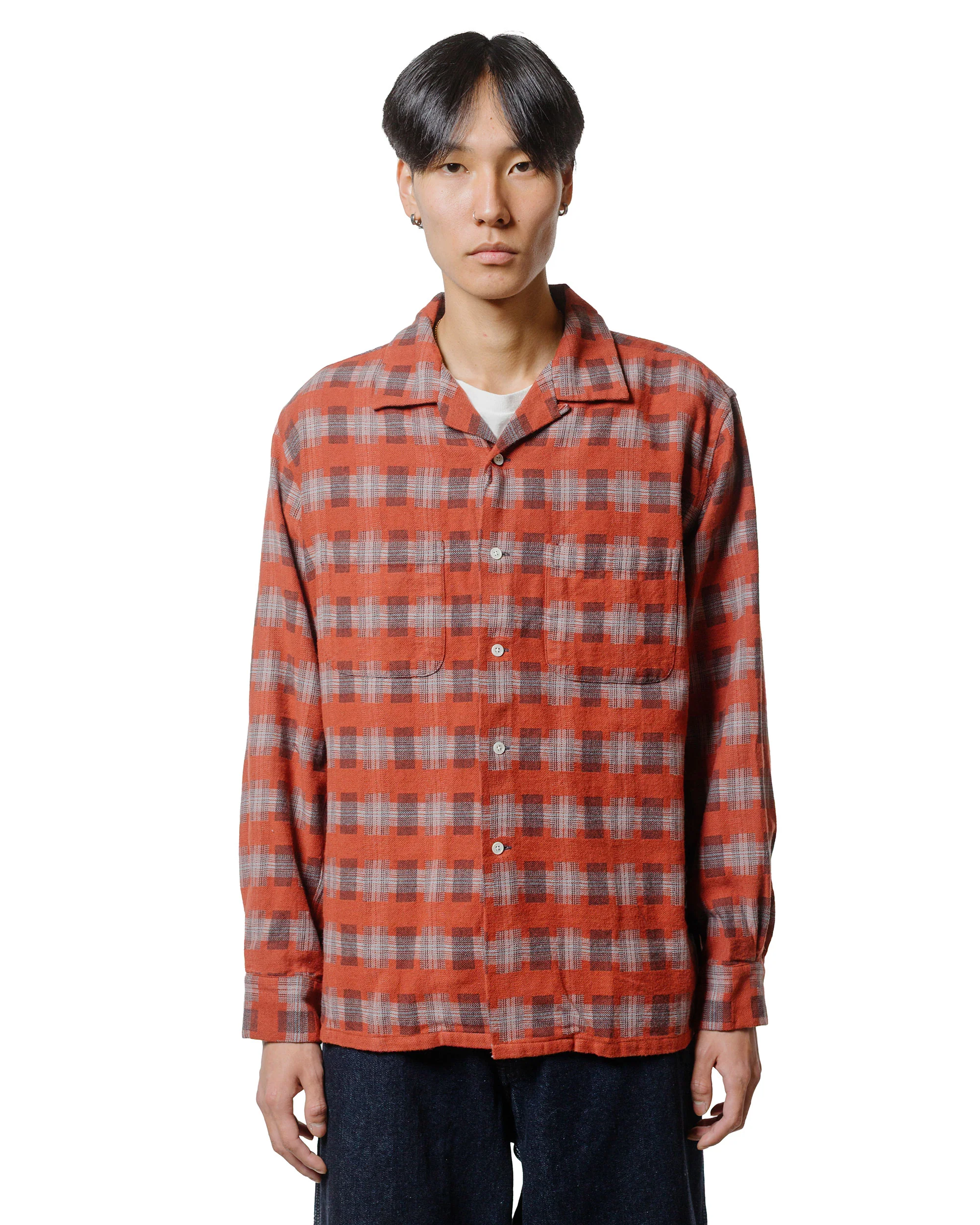 Beams Plus Open Collar Brushed Satin Plaid Red