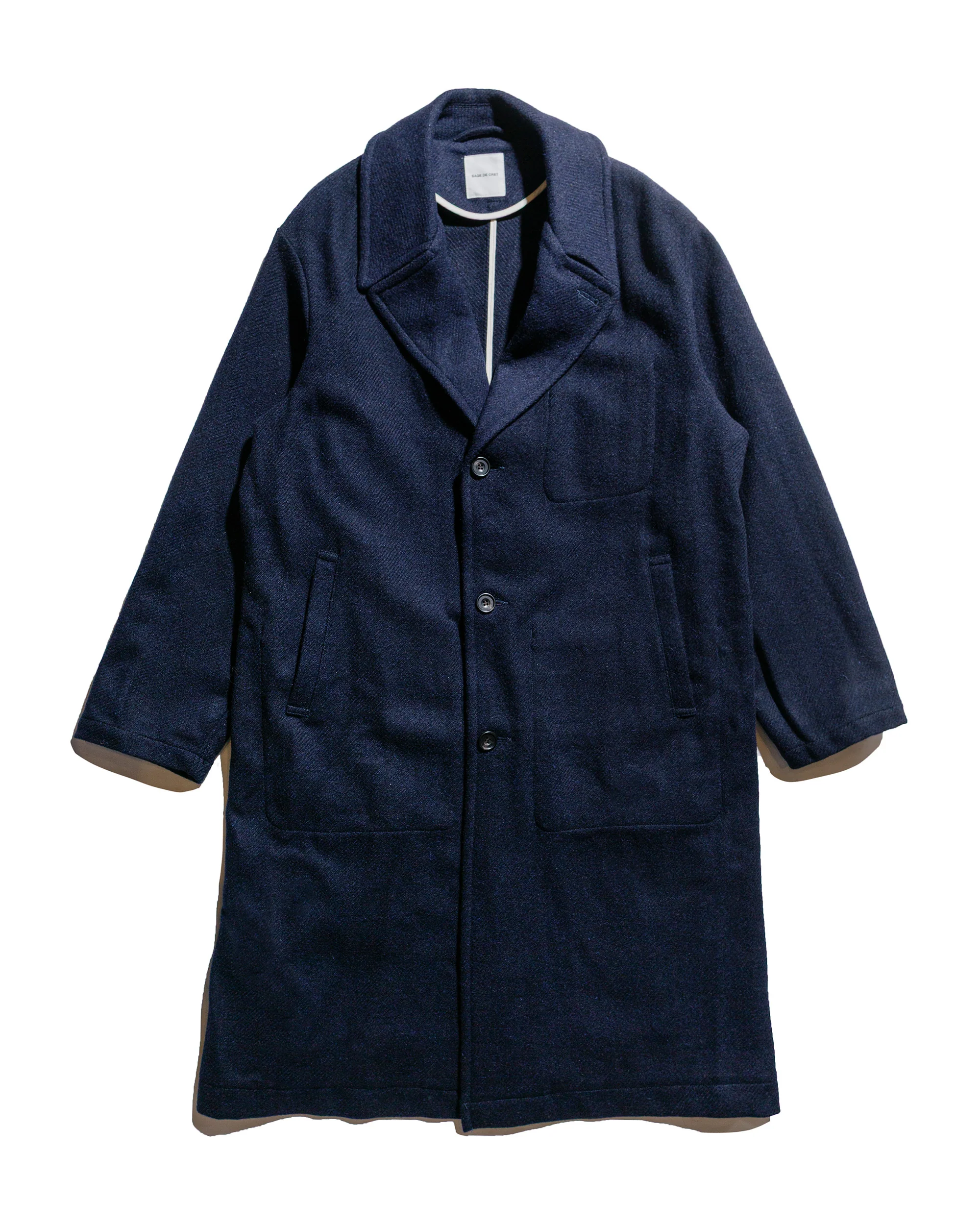 Sage de Cret Harris Tweed Ulster Collar Long Coat Navy