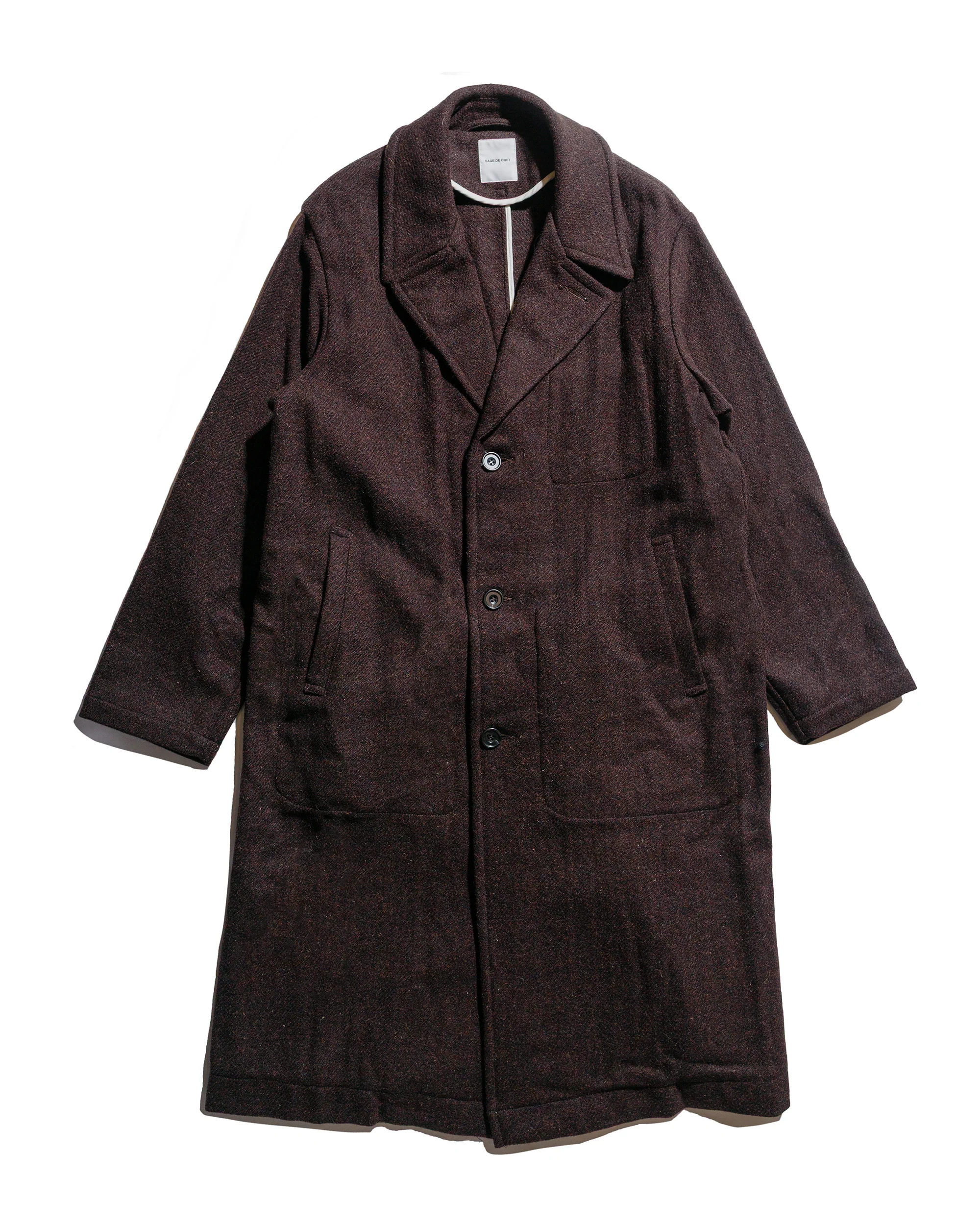 Sage de Cret Harris Tweed Ulster Collar Long Coat Dark Brown