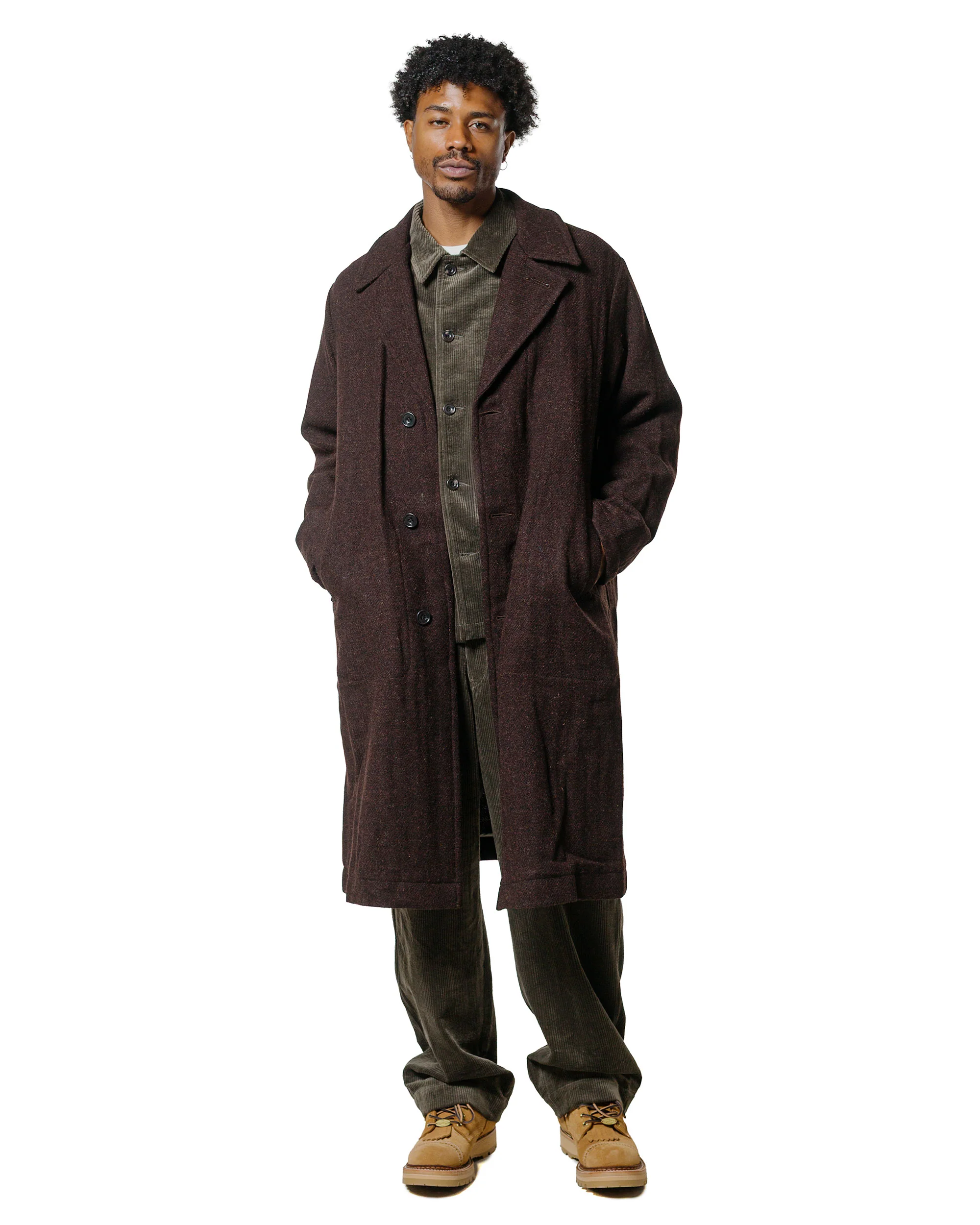 Sage de Cret Harris Tweed Ulster Collar Long Coat Dark Brown
