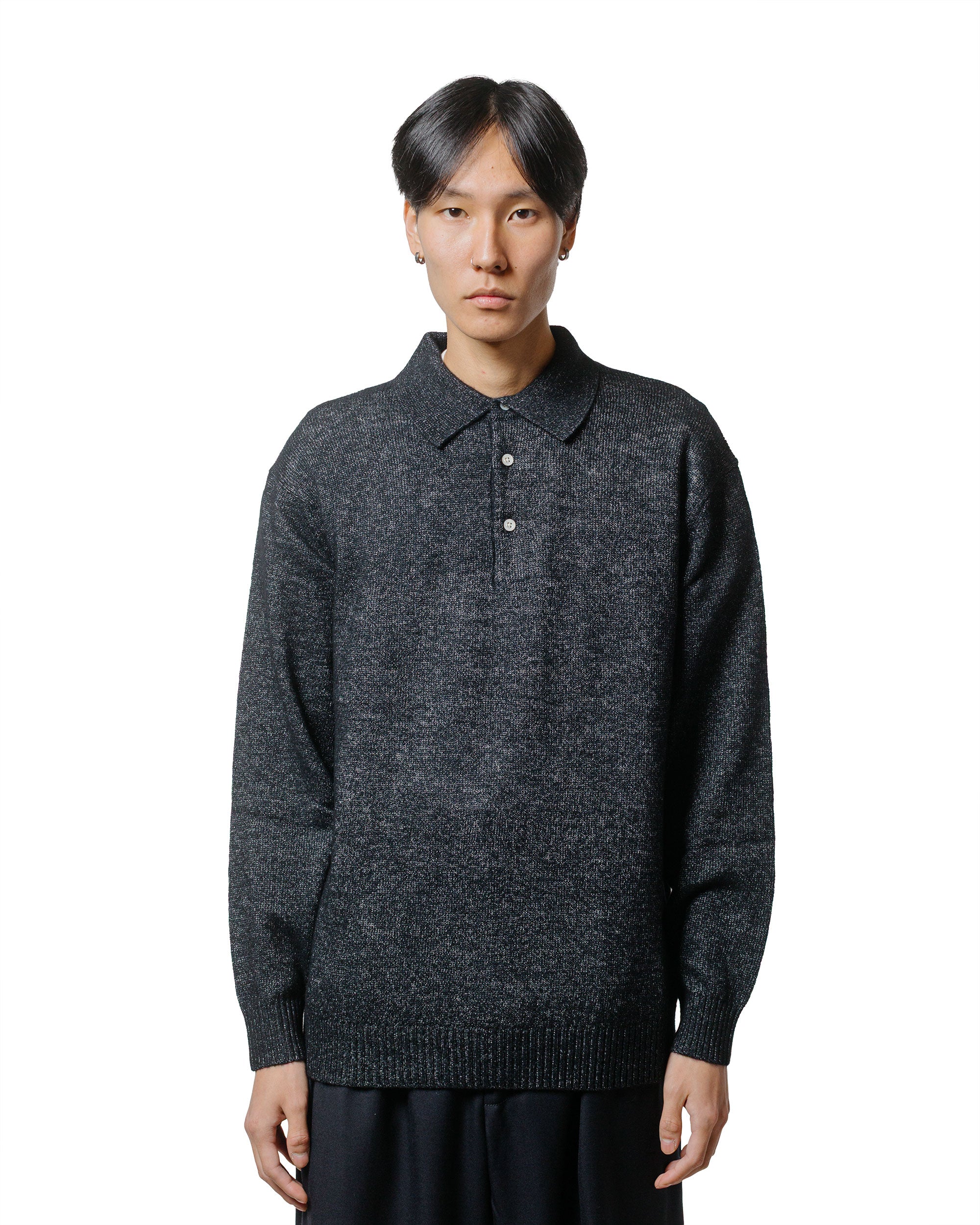 Beams Plus Knit Polo 9G Wool Silk Shaggy Black