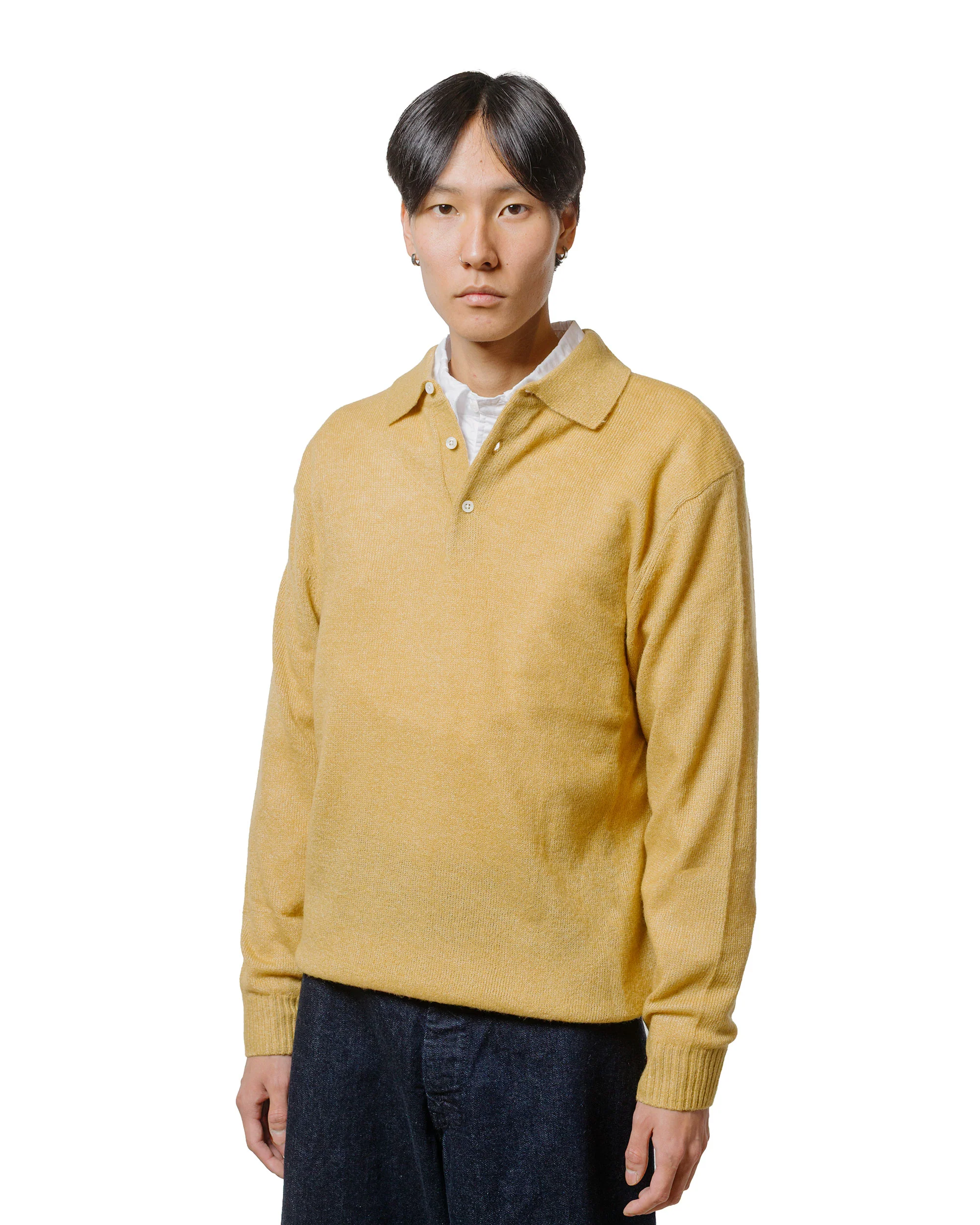 Beams Plus Knit Polo 9G Wool Silk Shaggy Gold