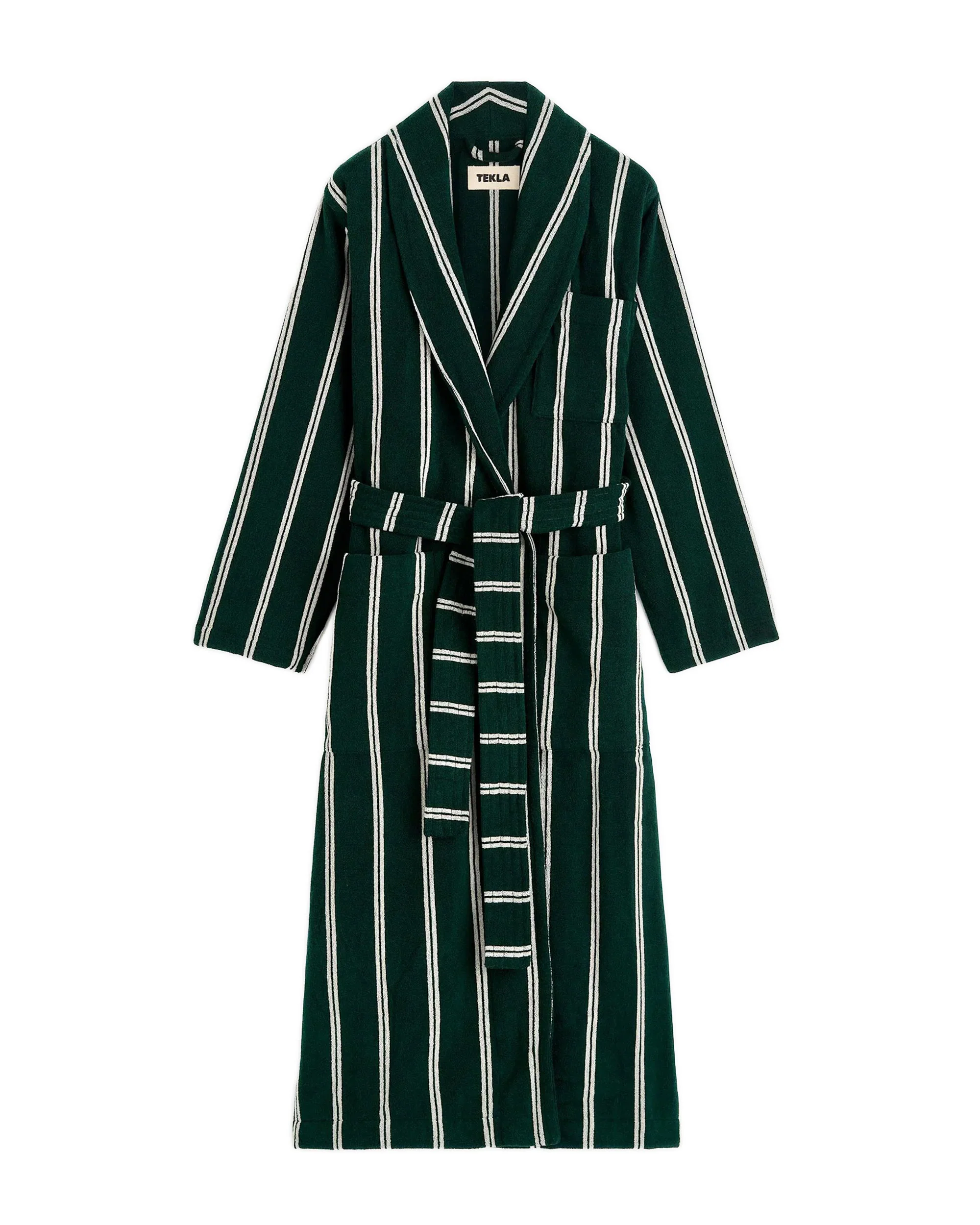 Tekla Terry Classic Bathrobe Forest Green Stripes