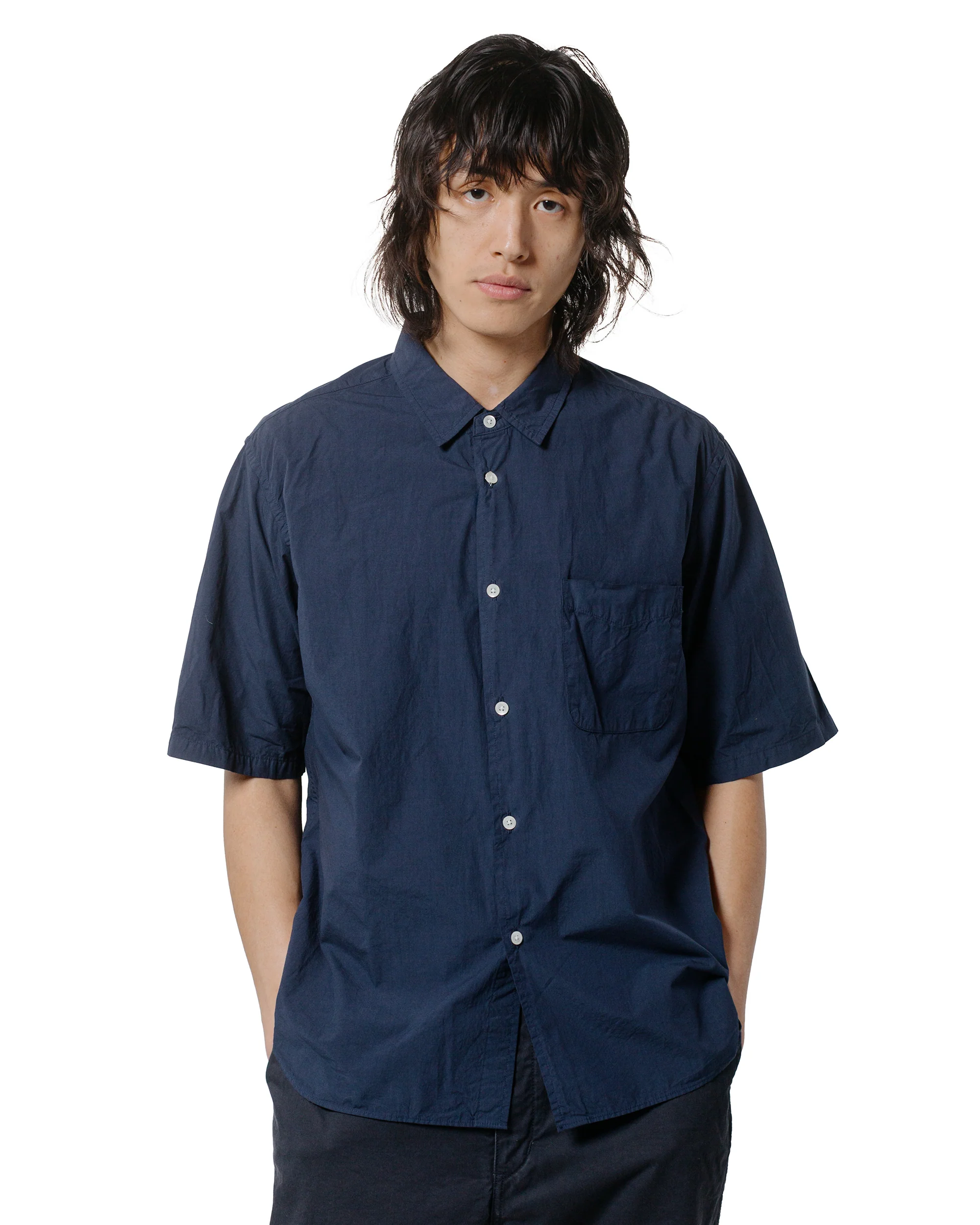 Sage de Cret Organic Cotton Broadcloth Short Sleeve Regular Collar Shirt Navy