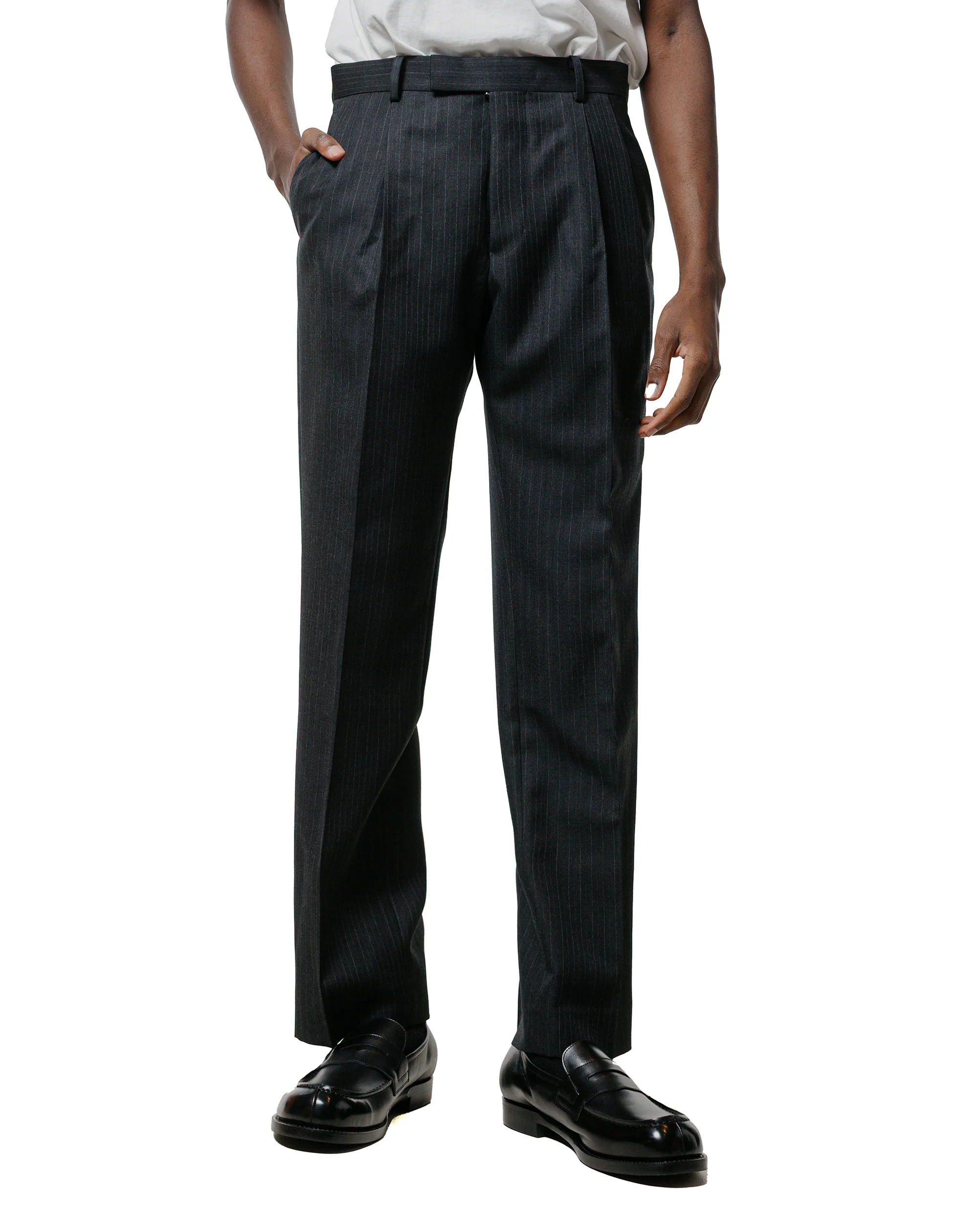 Auralee Light Wool Two-Tuck Slacks Charcoal Navy Stripe