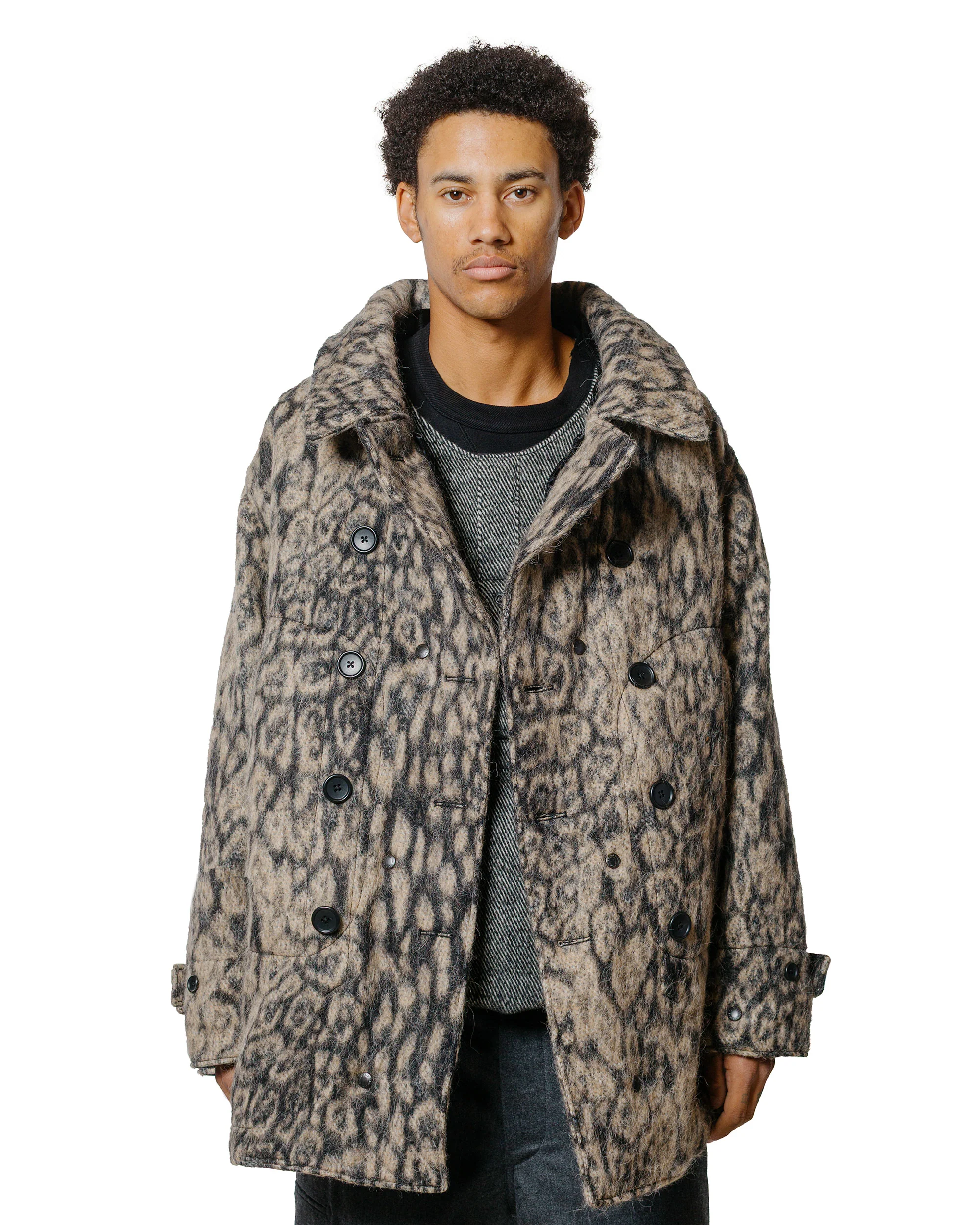 Engineered Garments Fireman Jacket Brown Wool Poly Leopard Jacquard